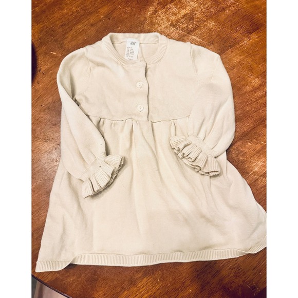 H&M Cream Knit Baby Girl Dress Long Sleeve Ruffle Trim Buttons 9-12 Months - Picture 1 of 5